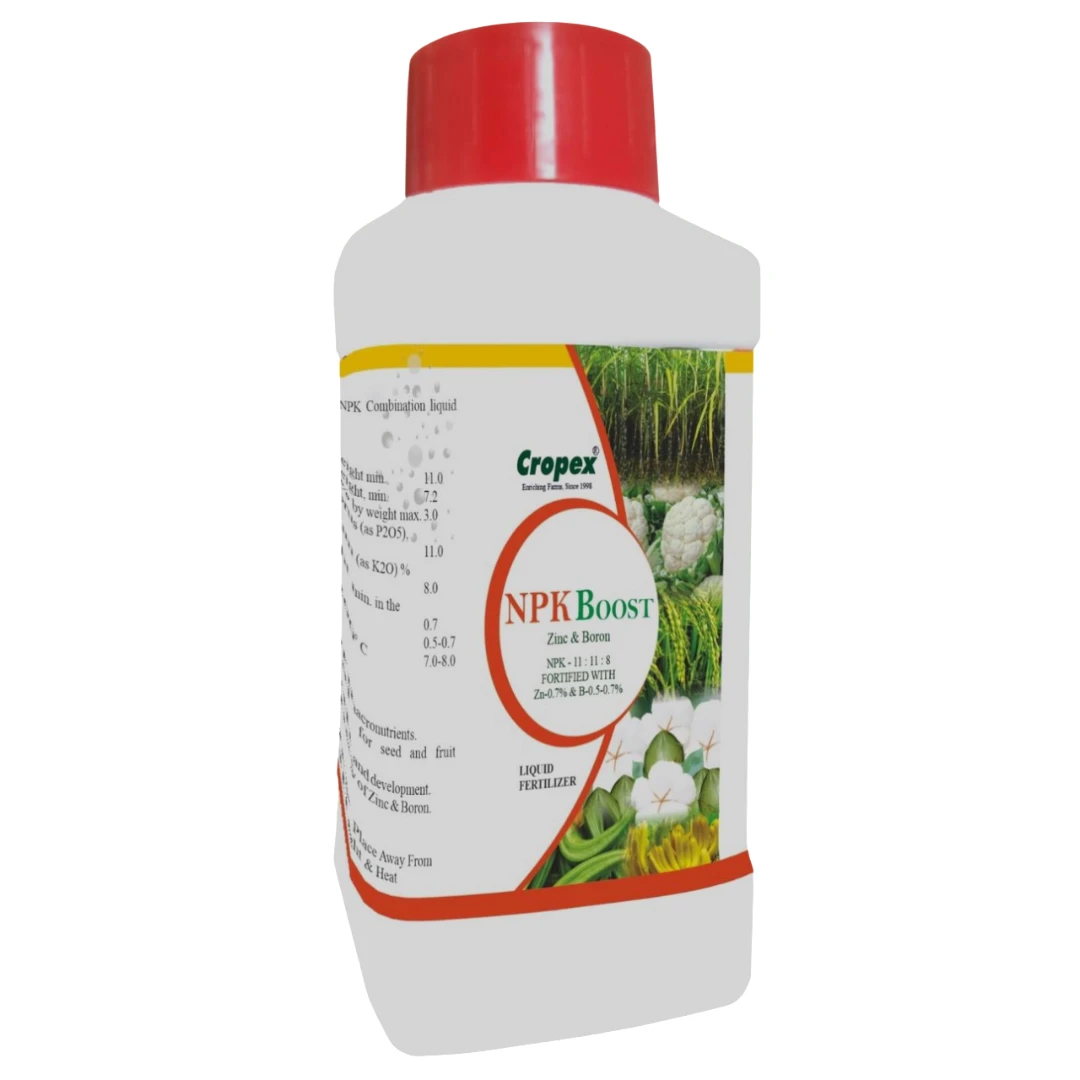 क्रॉपेक्स एनपीके बूस्ट उर्वरक, जिंक और बोरॉन के साथ फोर्टिफाइड एनपीके, फसल की वृद्धि और विकास को बढ़ाता है।