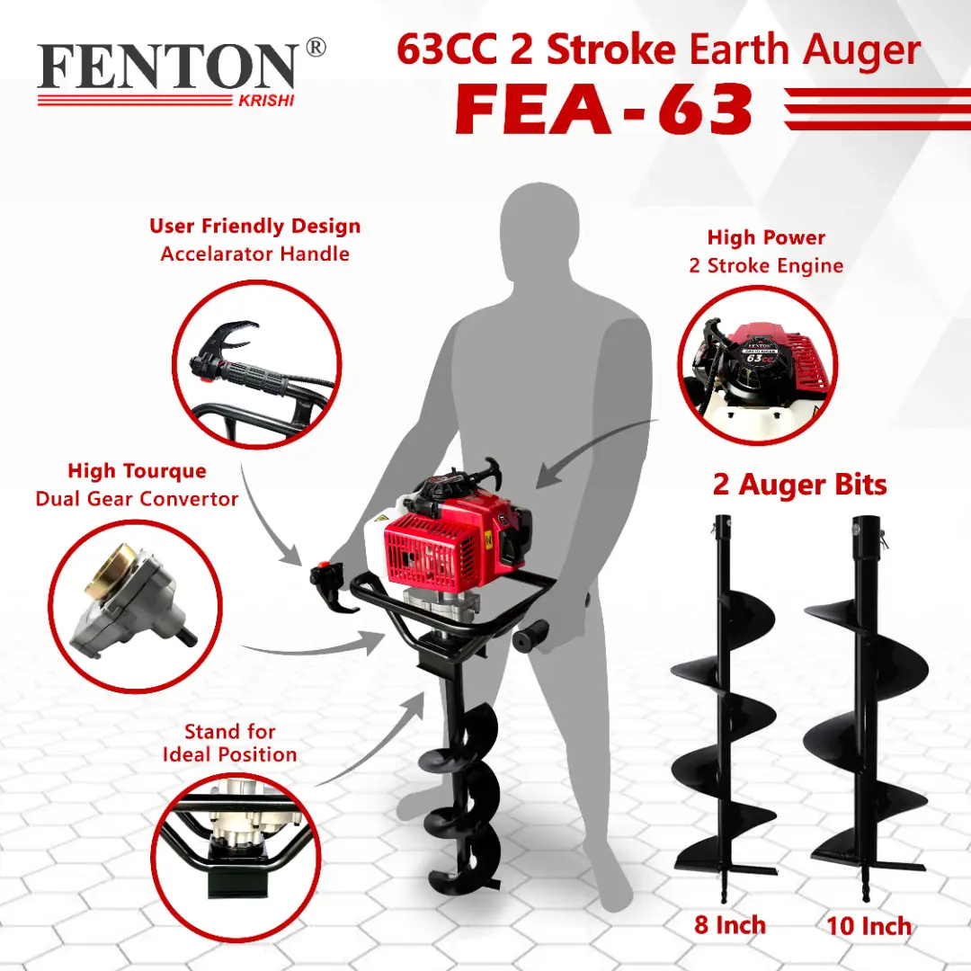 Fenton Krishi FEA-63 2-Stroke 63CC Earth Auger, Petrol Engine With 8 Inchs Bits For Plantation Fuel Grass Trimmer (Manual Feed) - Image 4